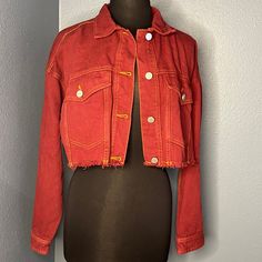 Bdg Red Cropped Jacket Size M Never Worn Red Cotton Long Sleeve Outerwear, Casual Red Cotton Outerwear, Casual Red Outerwear, Red Cotton Denim Jacket For Streetwear, Red Cotton Outerwear For Fall, Fitted Red Denim Jacket With Long Sleeves, Red Long Sleeve Denim Jacket For Streetwear, Red Fitted Cropped Jacket For Spring, Trendy Red Cotton Denim Jacket