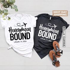 Honeymoon Bound Shirt, Custom Honeymoon Vacation Shirt, Personalized Honeymoon Location Shirts, Newlywed Shirt, Cute Couple Matching T-Shirt Hi! Welcome to the TeeScape! It's great to see you here! Our shirts are clean, high quality and soft. It is prepared quickly by our store! Enjoy your shopping! It is a pleasure for us to help you with your questions and you can reach us at any time. F I T ∙ S I Z I N G -->Women's sizes are narrower than the waist -->Sleeves are rolled up in some product pictures. They do not come rolled up on delivery. -->Please, don't forget to check our size cards. T I M E ∙ T O ∙ D E L I V E R Y -->Processing and production time is 1-2 business days. -->Delivery time varies depending on your delivery address. --> Orders placed till 12 noon are shipped the next busi Honeymoon Shirts Matching Funny, Cotton Short Sleeve T-shirt For Honeymoon, Cotton Short-sleeved T-shirt For Honeymoon, Honeymoon Shirts Matching, Cute Couple Matching, Honeymoon Cruise, Honeymoon Vacations, Honeymoon Locations, Honeymoon Shirts