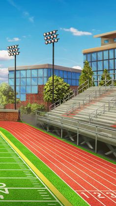 an empty football field in front of some stadium bleachers with benches and lights