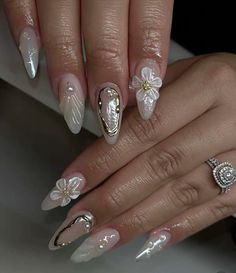 Jelly Flower Nails, Inbuilt Nail Art, Almond Nails Silver, Nail Designs With Gems, New Years Nails Acrylic, Ethereal Nails, Island Nails, White Almond Nails