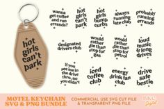 the keychain is made out of wood and has different types of words on it