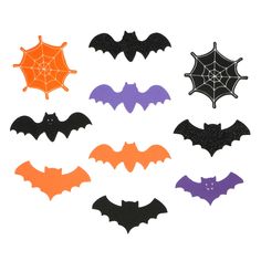 halloween decorations with bats and webs on them, all in orange and purple colors