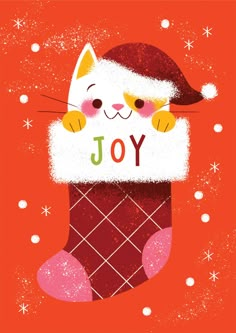 a christmas card with a cat in a stocking