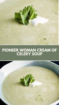 a bowl filled with celery soup next to another bowl full of broccoli