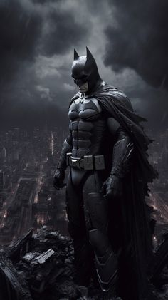 the dark knight in batman's costume stands on top of a hill with city lights behind him