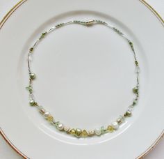 Pale green gold silver gemstone choker necklace with frehwater pearl, aquamarine and citrine a unique handmade artisan jewelry gift for her for casual or dressy wear Delicate Single Strand Jewelry For Anniversary, Dainty Single Strand Jewelry For Anniversary, Elegant Jewelry With Natural Stones For Summer, Elegant Natural Stones Jewelry For Summer, Dainty Jewelry As Summer Gift, Elegant Summer Jewelry With Natural Stones, Dainty Jewelry For Summer Weddings, Elegant Dangle Jewelry For Summer, Dainty Summer Jewelry For Gifts