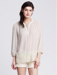 Embroidered Popover Blouse | Banana Republic Embroidered Trim, Work Wardrobe, Tunic Blouse, Sheer Blouse, Shop Blouses, Banana Republic, Shirt Blouses, Layering, Tunic Tops