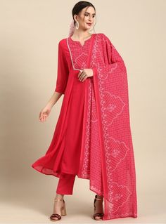 * Women Pink Bandhani Printed Kurta With Trousers & With Dupatta Indian Wedding Wear Salwar Kameez / Indian Ethnic Dress / Plus Size Silk Kurta Dress Traditional Indian Wear / Salwar Kameez Dupatta / Kurti Palazzo Set  * Pink printed Kurta with Trousers with dupatta     * Kurta design:-  *  Bandhani printed   *  Anarkali shape   *  Regular style   *  Round neck,  three-quarter regular sleeves   *  Calf length with flared hem   *  Polyester fabric      * Trousers design:-  *  Solid Trousers   * Navratri Palazzo Set With Straight Kurta And Dupatta, Navratri Palazzo Set With Dupatta And Straight Kurta, Semi-stitched Bandhani Print Salwar Kameez, Traditional Georgette Palazzo Set For Navratri, Festive Semi-stitched Churidar With Bandhani Print, Festive Bollywood Bandhani Print Churidar, Festive Bollywood Churidar With Bandhani Print, Festive Bollywood Bandhani Churidar, Festival Georgette Straight Kurta Set