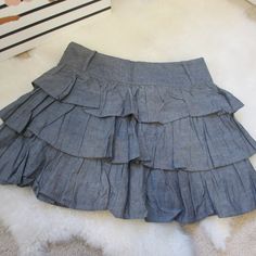 New With Tag. Never Worn. 3 Tiered Denim Like Fabric. Great With A Belt. Denim Ruffle Skirt, Blue Ruffle Skirt, Aesthetic Skirt, Layered Ruffle Skirt, Skirt Aesthetic, Crochet Skirt Pattern, Baggy Tops, Puffy Skirt, Skirts Denim