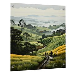 a painting of two people walking down a path in the middle of a green field