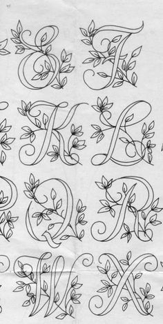 the letters and numbers are hand drawn in black ink on white paper with floral designs