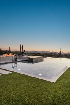 an empty swimming pool in the middle of a grassy area with cactus and cacti