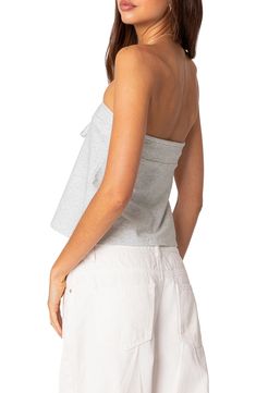 Move from day to date-night in this strapless jersey top designed with a dainty front tie. Strapless 95% cotton, 5% spandex Machine wash, dry flat Imported Strapless Cotton Tube Top For Day Out, Cotton Bandeau Tube Top For Day Out, Off-shoulder Cotton Tube Top For Spring, Cotton Strapless Tops For Day Out, Chic Strapless Cotton Top, Off-shoulder Cotton Tube Top, Chic Cotton Bandeau Top, Off-shoulder Cotton Tube Top For Summer, Chic Cotton Bandeau Tank Top