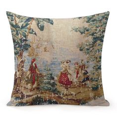 a decorative pillow with an image of people in the woods