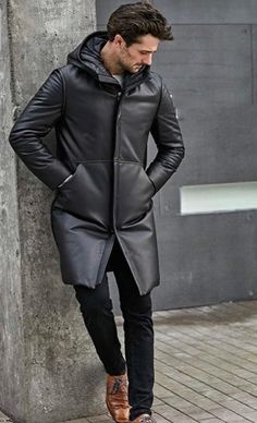 Express yourself in this fine soft lambskin leather puffer coat. Featuring front side pockets for your essentials and finished with a hood. Leather Outerwear With Detachable Hood For Cold Weather, Hooded Leather Jacket With Pockets For Cold Weather, Leather Outerwear With Double-lined Hood, Winter Faux Leather Long Coat, Hooded Leather Outerwear With Double-lined Hood, Hooded Leather Outerwear For Winter, Hooded Leather Winter Outerwear, Hooded Leather Outerwear For Cold Weather, Urban Leather Outerwear With Detachable Hood