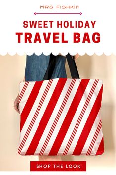 a person holding a candy cane bag with the words tis the season candy cane bag shop the look