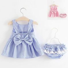 Baby girls clothes set includes sleeveless stripe dress and briefs. It is made of high quality materials and has an Adorable design. Perfect baby shower gift and great gift for little baby girls. Suitable sizes are available from newborn to 24 months old. Color Options: Pink and Blue is available.Package includes: 1 dress + 1 brief Material: CottonSize: Fits true to size, take your normal size Cute Striped Cotton Sets, Striped Summer Dress For Playtime, Striped Sleeveless Summer Sets, Striped Dress Summer, Bow Decor, Summer Stripes, Children Clothing