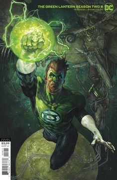 the green lantern is flying through space with his hands in the air, while another man holds