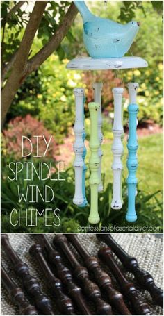 an outdoor wind chime made out of old wood and painted green, blue and white