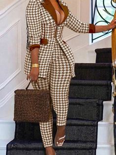 Women's Houndstooth Printed Long Sleeve Blazer And Pants Elegant Two Piece Set Brown Casual,Elegant    Plaid,All Over Print  High Stretch Spring/Fall Women Clothing, size features are:Bust: ,Length: ,Sleeve Length: Two Piece Sets Outfits, Graphic Fashion, Women Graphic, Plus Size Two Piece, Work Suits, Pantsuits For Women, Shirt Female, Top And Pants Set, Houndstooth Blazer