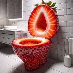 a strawberry shaped toilet seat in a bathroom