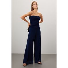 Blue chiffon (100% Polyamide). Jumpsuit. Sleeveless. Strapless. Pull on. See size and fit notes for length measurements. Imported. Elastane Strapless Jumpsuit For Night Out, Evening Strapless Elastane Jumpsuit, Spring Evening Strapless Jumpsuit, Elegant Strapless Elastane Jumpsuit For Party, Blue Elastane Jumpsuits And Rompers, Chic Blue Stretch Strapless Jumpsuit, Chic Blue Strapless Stretch Jumpsuit, Chic Summer Strapless Elastane Jumpsuit, Elegant Strapless Summer Jumpsuits And Rompers