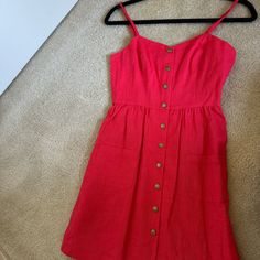 Urban Outfitters Red Button Up Dress, Nwt, Size Small Red Midi Dress With Button Closure, Red Fitted Dress With Pockets, Red Summer Dress With Button Closure, Fitted Red Dress With Pockets, Red Spring Dresses With Button Closure, Fitted Red Dresses With Pockets, Red Button-up Spring Dress, Red Button-up Dress For Spring, Red Sleeveless Mini Dress With Buttons