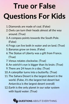 a poster with the words true or false questions for kids in black and white text