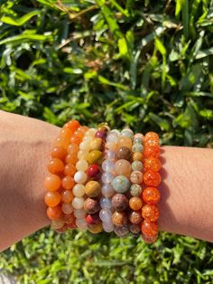 Flower Ocean, Crackle Quartz, Orange Aventurine, Honey Calcite, Orange Crystals, Mookaite Jasper, Large Hole Beads, Elastic Bracelet, Ocean Jasper