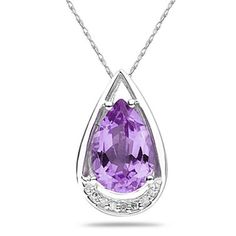 A stunning 12x8 mm pear shaped amethyst perfectly set with a dash of diamond sparkle. An exclusive piece of jewelry sure to be treasured forever.  7 round diamond weigh .05 carats in total, color J-K-L, clarity I2-I3. Gemstone weighs 3.65 ct and measures 12x8 mm. 10k white Gold setting weighs approximately 2.1 grams and hangs from an 18 inch rope chain also crafted in 10k white gold. Pear-shaped Jewelry With Gemstone Accents, Purple Jewelry With Prong Setting In Pear Shape, Purple Pear-shaped Gemstone Jewelry, Classic Pear-shaped Purple Jewelry, Classic Purple Pear-shaped Jewelry, Fine Jewelry Purple Pear-shaped Jewelry, Pretty Jewelry Necklaces, Necklace Design, Pretty Jewelry