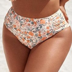 Nwt Cupshe Xl High Waisted Side Ruched Floral Bikini Bottoms. Summer Beach Bottoms With Ruched Sides, Ruched Beach Bottoms For Summer, Beachwear Bottoms With Ruched Sides For Beach, Beachwear Bottoms With Ruched Sides, Ruched Beachwear Bottoms, High Waist Ruched Swimwear For Beach Season, Ruched High Waist Swimwear For Beach Season, Spring Beach Bottoms With Ruched Sides, Casual Beach Bottoms With Ruched Sides