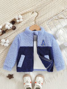 Azul  Collar manga larga Tela Color combinado,Letras Teddy Embellished Estiramiento medio Boys Coats, Baby Boy Bear, Baby Boy Coat, Baby Boy Jackets, Baby Ready, Boys Pattern, Boy Outerwear, Baby Outerwear, Women's Shapewear