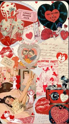 valentine's day collage with lots of hearts and other things on the table