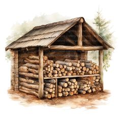 a drawing of logs stacked in front of a log cabin with a roof on top