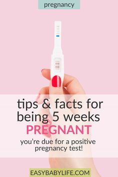 a woman holding a baby bottle with the words tips & facts for being 5 weeks pregnant