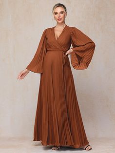 Terracotta Fall Wedding Dress With Pleated Details, Fall Wedding Pleated Dress, Flowy Long Sleeve Chiffon Dress For Wedding Guest, Formal Flowy Pleated Chiffon Dress, Formal Pleated Flowy Chiffon Dress, Fall Wedding Dress With Pleated Sleeves, Brown Fall Wedding Dress, Elegant Long Flowy Chiffon Dress, Long Chiffon Dress For Formal Occasions