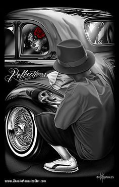 a black and white drawing of a man in a hat looking out the window of an old car