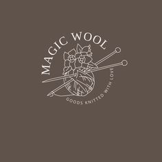 the logo for magic wool goods knitted with flowers and knitting needles on a brown background