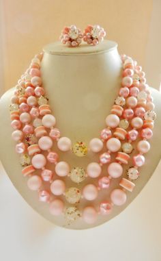 Mid-Century adorable pink shades 4 Strand cascade by RAKcreations Vintage Pink Necklace For Formal Occasions, Pink Vintage Necklace For Formal Occasions, Handmade Pink Necklace For Formal Occasions, Vintage Pink Formal Jewelry, Elegant Pink Beaded Necklaces With Round Beads, Elegant Pink Beaded Necklace With Round Beads, Formal Pink Handmade Necklace, Pink Costume Jewelry Beaded Necklaces For Party, Unique Pink Necklace For Party