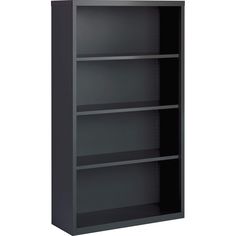 a black bookcase with three shelves on each side