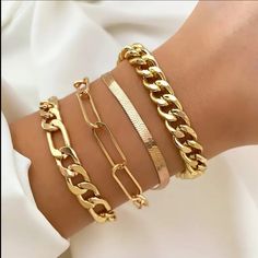 Gorgeous Gold Chain Layered Bracelet Set - 4 Total Gold Filled Bracelets All 4 Included In The Set! Mix And Match Or Wear Separately On Trend And So Chic! For Work Or Date Night, Dinner With The Girls. Versatile And Classic! Clasp Closure With Extender - One Size Fits Most Gold Bracelets Stacked, Date Night Dinner, Dainty Gold Bracelet, Layered Bracelet, Jewelry Wardrobe, Bangles Set, Wrist Jewelry, Layered Bracelets, Bangle Set