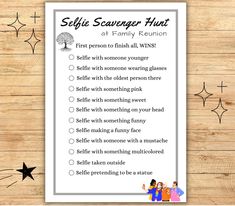 a selfie scavenger hunt is shown on a wooden table with stars around it