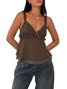 PRICES MAY VARY. Material: Women y2k cami crop top is made of polyester, comfy and soft, super flattering. Features: Mesh flowy top featuring black thin tie shoulder straps with frill neckline and centre bow detail. Size: There are 4 sizes for options, Small=(US 4-6), Medium=(US 8-10), Large=(US 12-14), X-Large=(US 16-18), please refer to the size chart in the last picture. Occasion: Suitable for daily wear, night out, party, weeding, ceremony, going out, photo shot, school, beach, streetwear, e Y2k Cami Top, Tank Top Y2k, Y2k Cami, Chiffon Tank Tops, Trendy Streetwear, Flowy Top, Flowy Tops