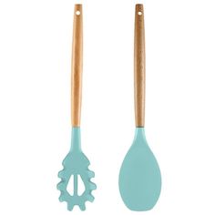 two blue spoons with wooden handles are next to each other on a white background