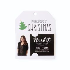 a christmas gift tag with a photo of a woman in black and white on it