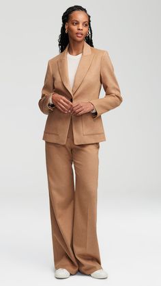 Get to know the casual friend to our best-selling wide leg trouser, with the stylish addition of classic functional details, belt loops, and buttons at back pockets. Crafted from luxe textured Italian wool, this style will instantly elevate your fall/winter wardrobe. Classic Structured Work Pants, Classic Structured Pants For Workwear, Elegant Fall Bottoms With Patch Pockets, Elegant Workwear Bottoms With Patch Pockets, Classic Structured Bottoms For Work, Beige Workwear Pants With Flap Pockets, Classic Neutral Pants For Office, Elegant Beige Blazer With Flap Pockets, Elegant Fall Bottoms With Single Breasted Detail