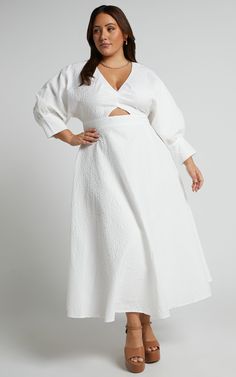 Ashtina Midi Dress - V Neck Cut Out Puff Sleeve Dress in White | Showpo USA Chic White Dress With Cut-out Waist, White Spring Dress With Cut-out Waist, White Cut-out Waist Dress For Spring, Elegant Dress With Cut-out Waist For Brunch, Elegant Cut-out Waist Dress For Brunch, Puff Sleeve Cutout Dress For Brunch, Cutout Puff Sleeve Dress For Brunch, Chic Midi Dress With Cutout V-neck, Chic Cutout V-neck Midi Dress