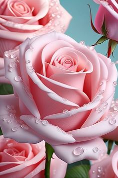 pink roses with water droplets on them are shown in this artistic photograph, and the background is blue