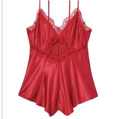 Indulge In Your Wildest Fantasies With This Stunning Victoria's Secret One-Piece Lingerie Romper. The Vibrant Red Satin Material Is Accented With Delicate Lace Details, Creating A Classic And Elegant Look. The Sleeveless Design And Adjustable V-Neckline Ensure A Comfortable And Flattering Fit For All Body Types. New With $69.95 Tag. Lace Playsuit, One Piece Lingerie, Satin Romper, Lingerie Catalog, Rompers Online, Victoria Secret Lingerie, Lace Romper, Stretch Satin, Satin Material