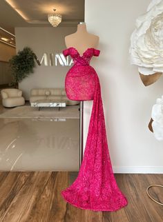 Size: XS Minna Fashion Pink Dress, Pink After Party Dress, Short Custom Dress, Short Dress With Side Train, Short Dress With Train On The Side, Short Glamour Dress, Teal Birthday Dress, Prom Dresses On Mannequins, Pink Short Dress Party